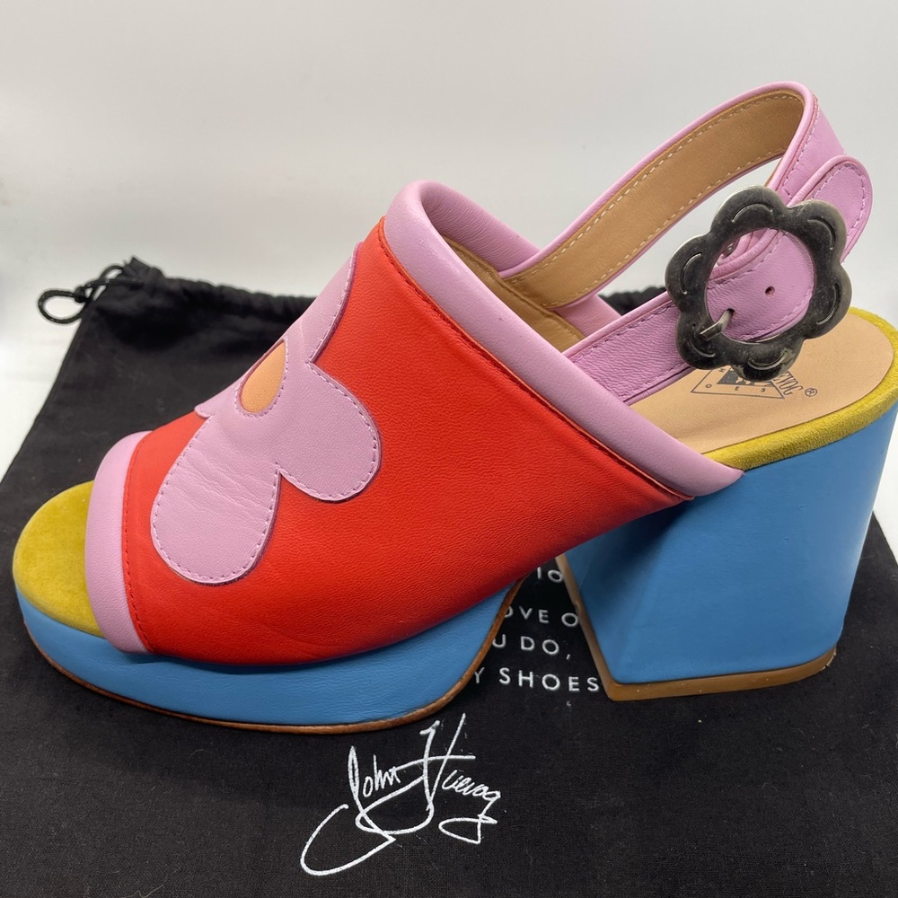 John Fluevog Red Pink Blue Platform Sandals